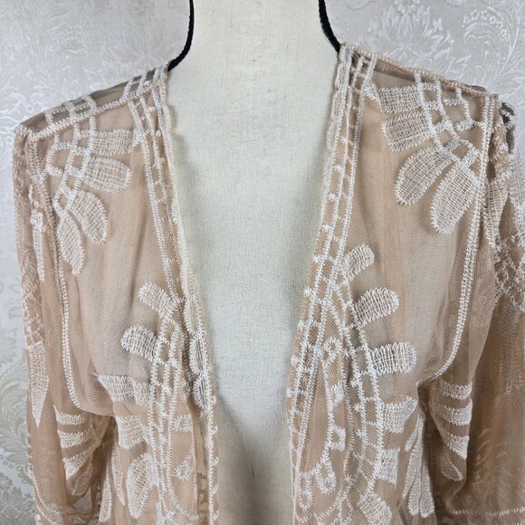 Rebellion Again One Size Boho Ivory Cream/Blush Open Front Kimono CoverUp - Picture 2 of 10
